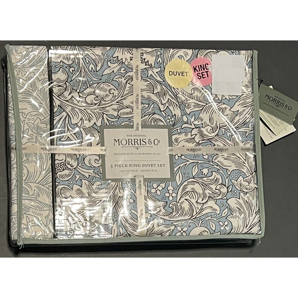 William MORRIS & CO. KING Duvet Cover Set Blue White Reversible 100% COTTON NWT - Picture 5 of 15